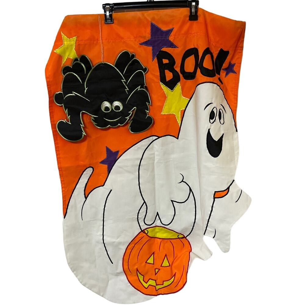 Boo Buds Halloween Ghost and Spider Boo! Deluxe Applique Flag Evergreen